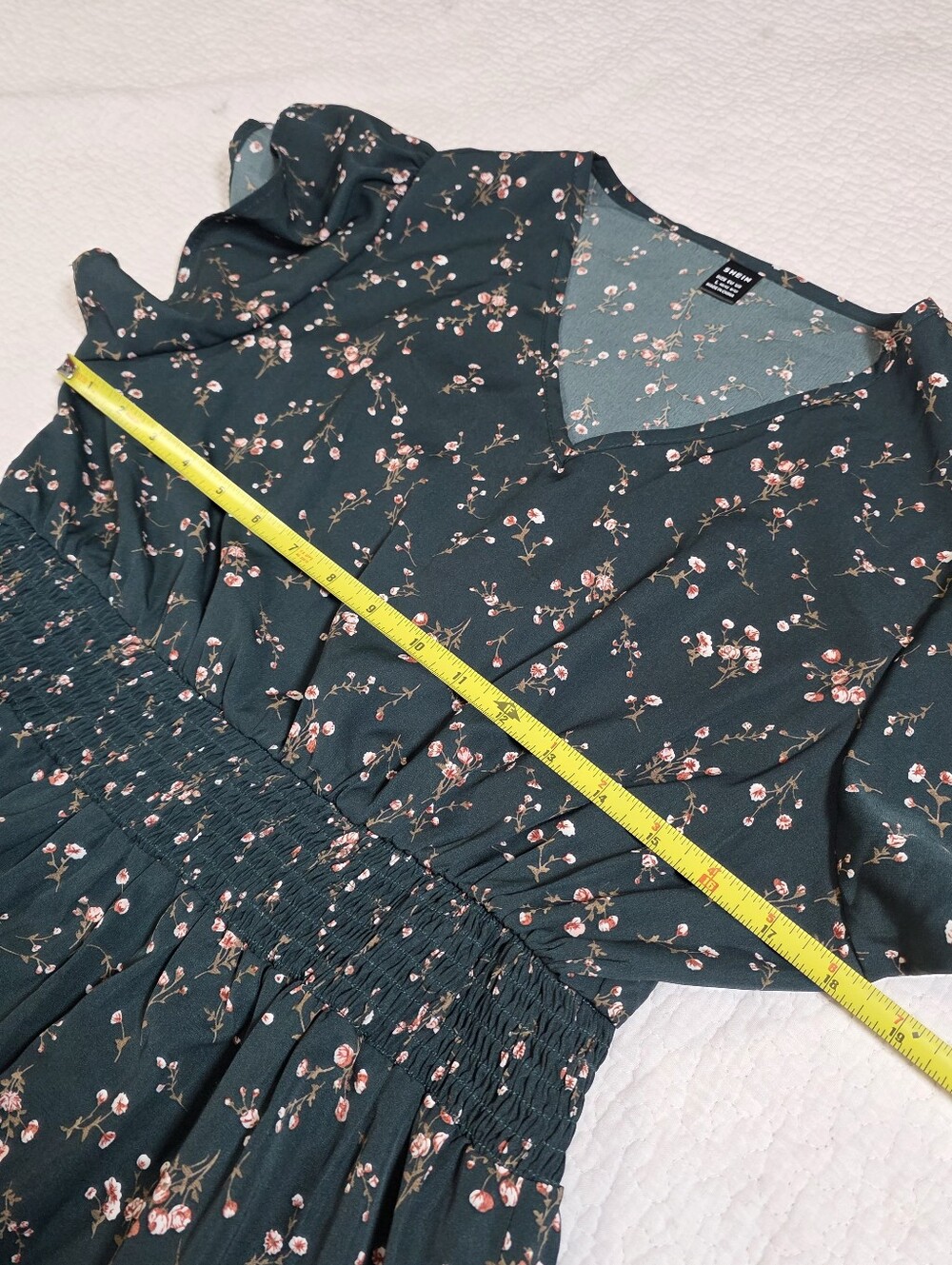 Shein Green Floral V-Neck Smocked Waist Flutter Sleeve Dress - Picture 5 of 8